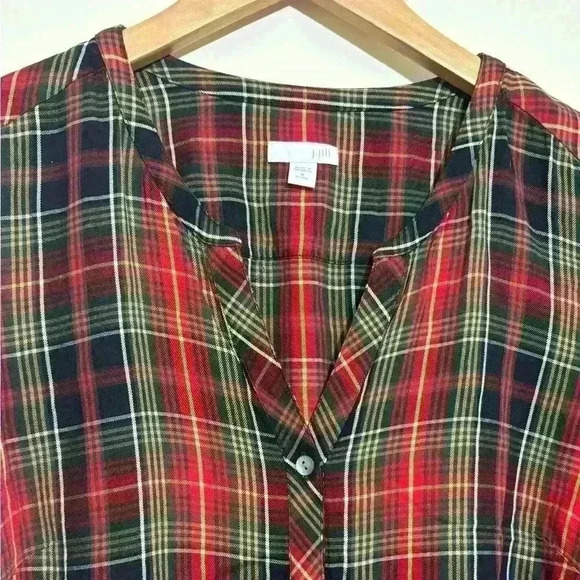 J.Jill Womens MP Long Sleeve Button Down Plaid Tunic Hunter Green Red - Picture 3 of 8
